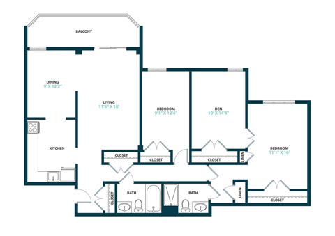 Floor plan for 2 beds, 2 baths, 1131 sqft